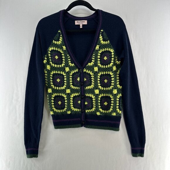 Juicy Couture Sweaters - Juicy Couture Sweater Womens XS Crochet Granny Square Cardigan Retro Navy Green